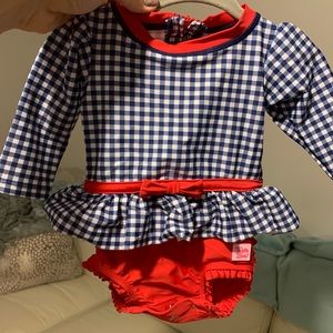 Ruffle Butts blue and red checkered bathing suit